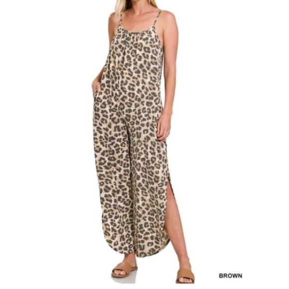 ZENANA Animal Print Leopard Jumpsuit Plus 3X Loose Fit Boho Casual Loungewear - Picture 1 of 11
